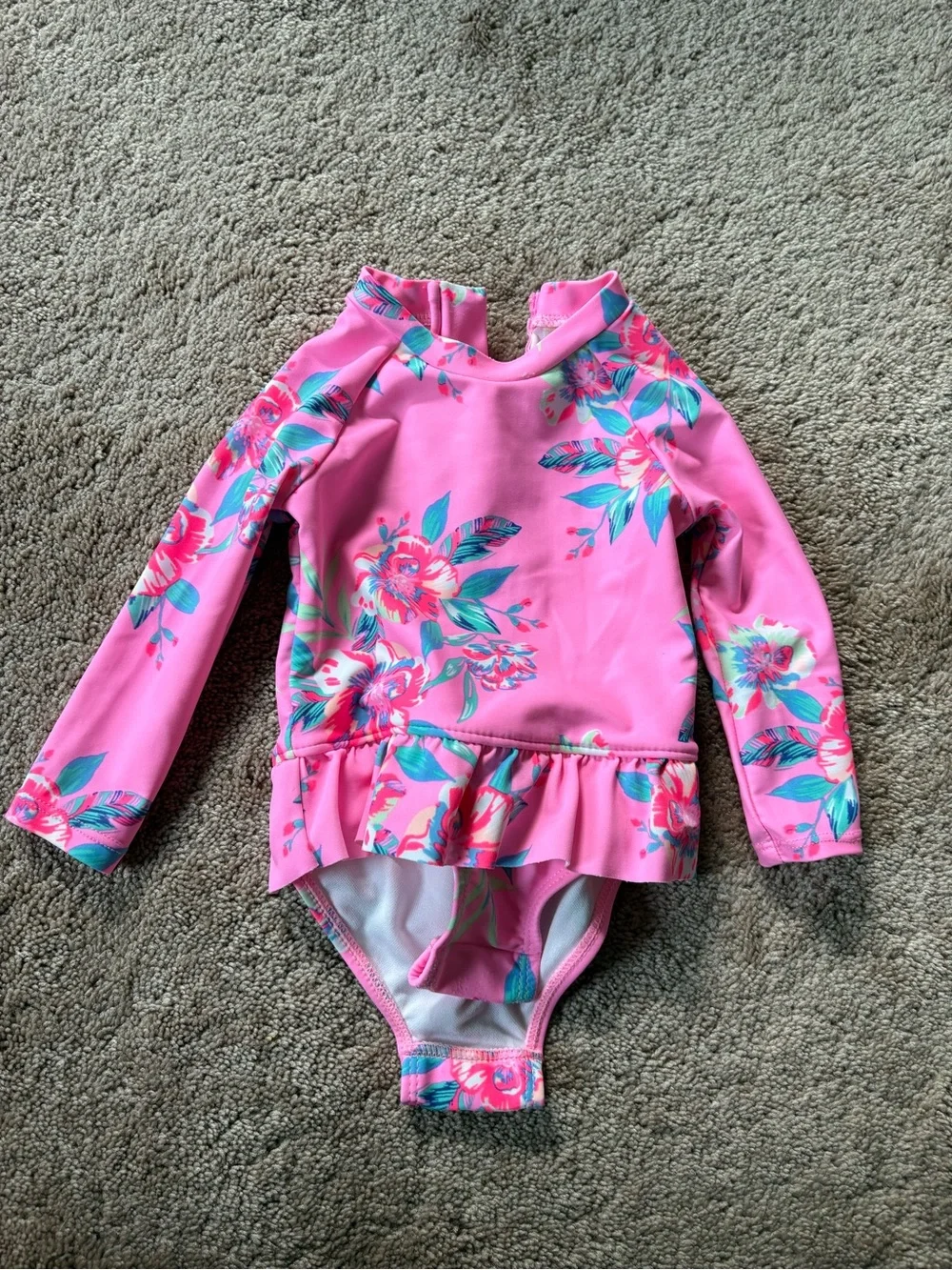 OshKosh B'gosh Pink Floral Long-Sleeve Ruffle One-Piece Swimsuit